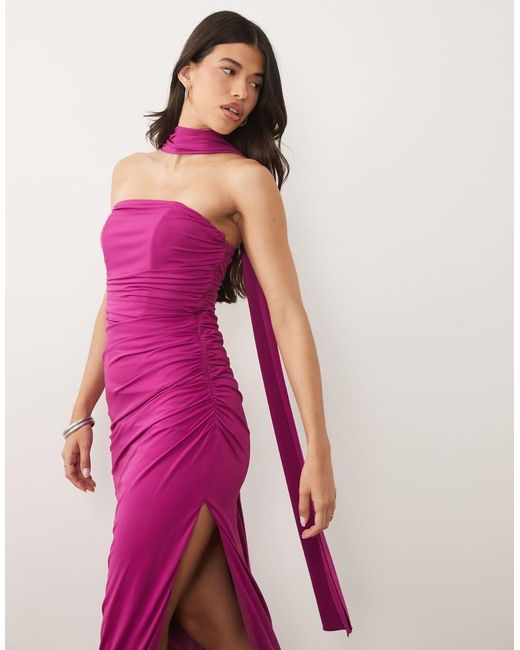 TFNC London Pink Slinky Bandeau Ruched Maxi Dress With Scarf