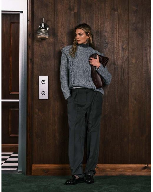4th & Reckless Gray Wool Feel Fluffy Knit Dropped Shoulder Cable Detail Slouchy Oversized Jumper