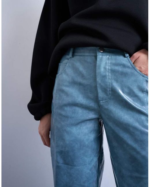 TOPSHOP Blue Faux Leather High Shine Scoop Pocket Wide Leg Trouser