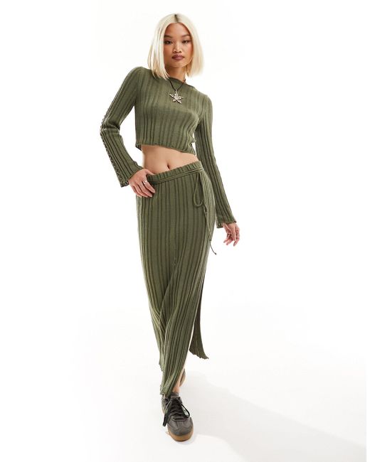 Reclaimed (vintage) Green Ribbed Knitted Midi Skirt With Tie Detail