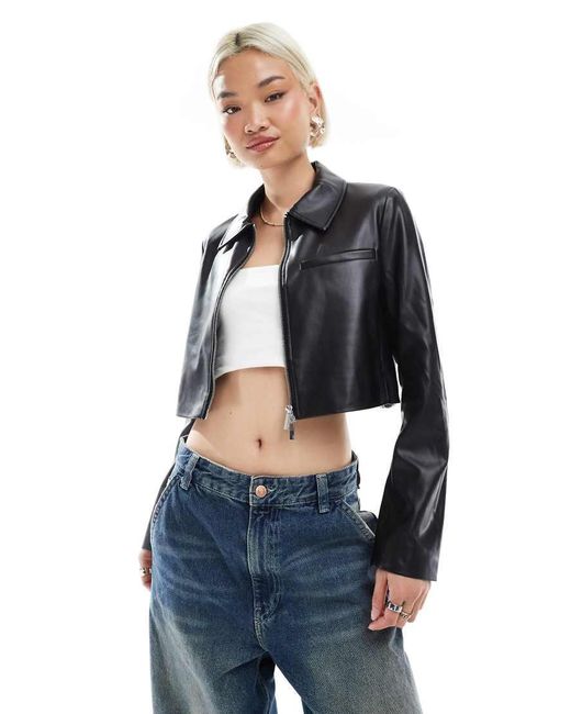 ONLY Blue Faux Leather Cropped Jacket