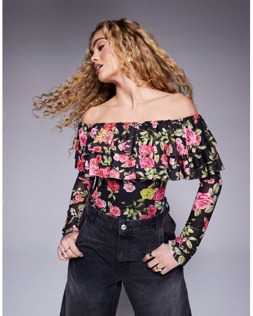 AFRM Gray Saylor Long Sleeve Off The Shoulder Ruffle Bodysuit