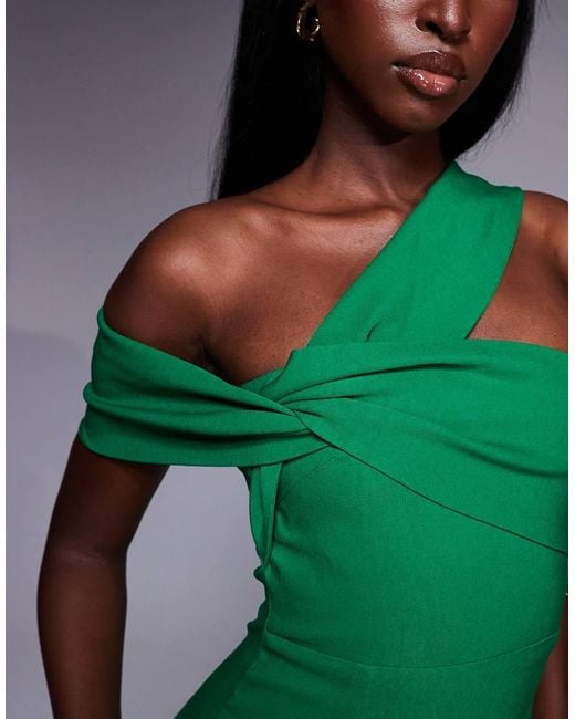 Vesper Green Bardot Twist Strap Boycon Midi Dress