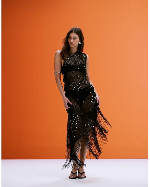 ASOS Orange Embellished Crochet Midi Dress With Fringed Detail And Silver Beads