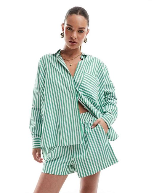 French Connection Green Stripe Popover Button Shirt Co-ord