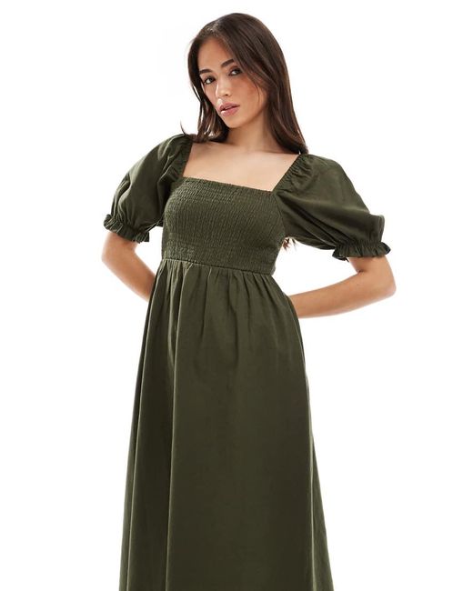 Vestido Midi Caqui De Estilo Mesonera Con Mangas Abullonadas De -Verde New Look de color Green