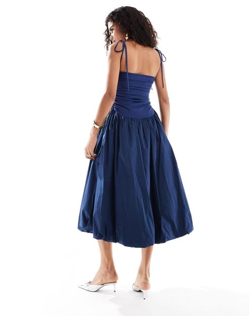 Amy Lynn Blue Alexa Shoulder Tie Puffball Midi Dress