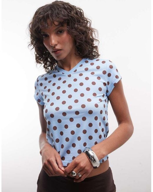 Reclaimed Vintage Blue Polka Dot V Neck Tee
