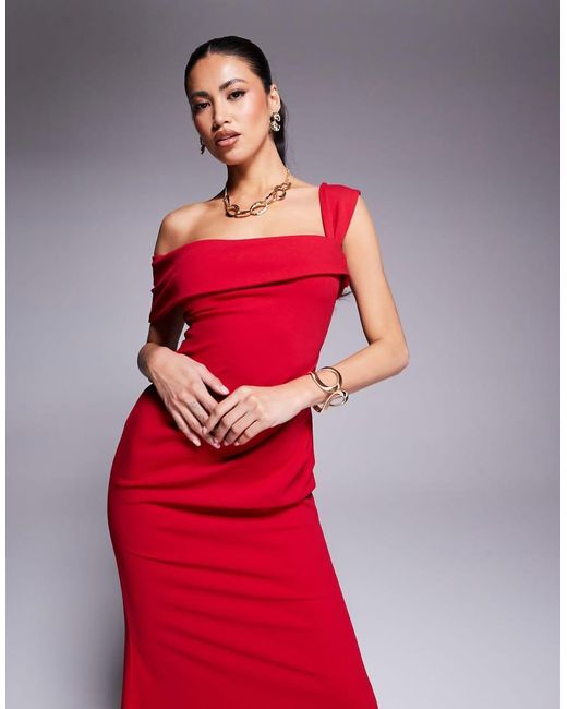 Goddiva Red Off The Shoulder Pleated Waist Maxi Dress