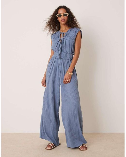ASOS Blue Double Cloth Gathered Bust Jumpsuit