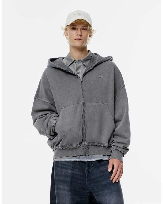 Pull&Bear Gray Frayed Zip-up Hoodie for men