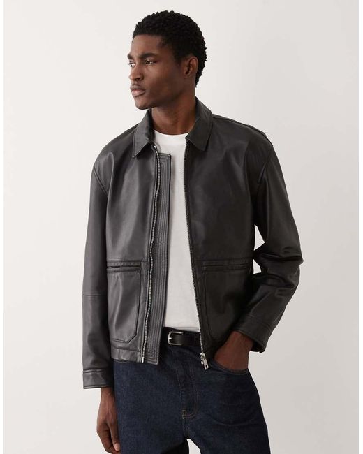 ASOS Gray Real Leather Harrington Jacket for men