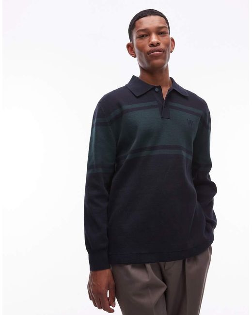 DOUBLE A by WOOD WOOD Blue Curt Stripe Panel Long Sleeve Polo Knit for men