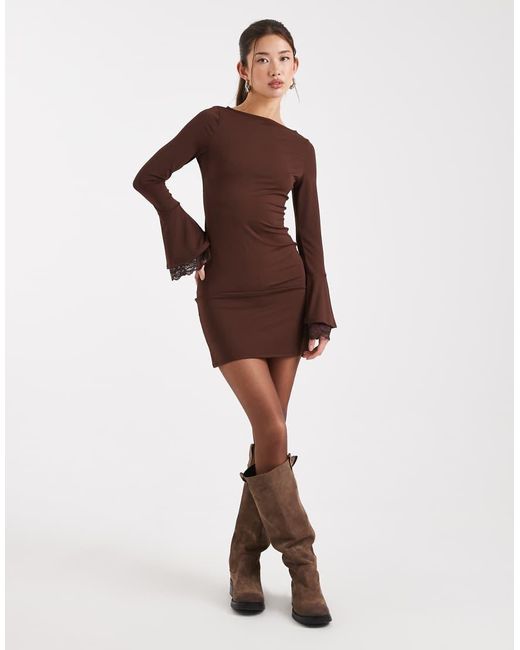 ASOS Brown Slash Neck Fluted Lace Sleeve Mini Dress