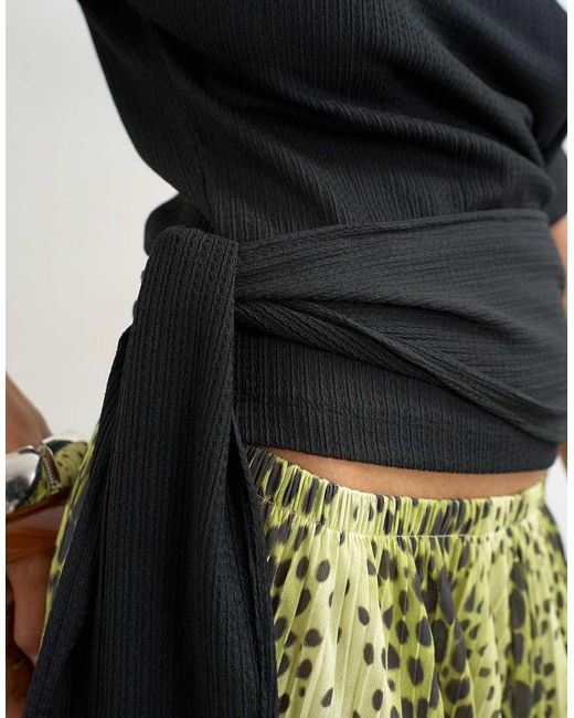 TOPSHOP Black Crinkle Off Shoulder Tie Front Top
