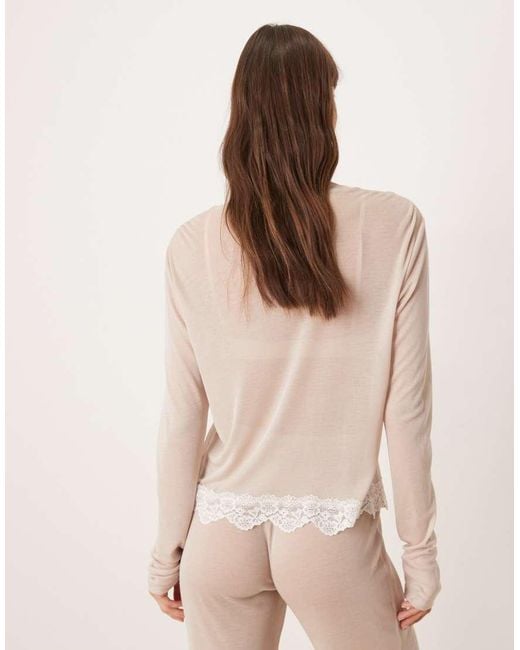 ASOS Natural Honey Mix & Match Sheer Slinky Longsleeve Pyjama Top With Lace Trim