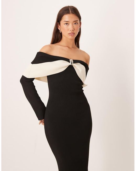 Pretty Lavish Natural Rib Knit Off The Shoulder Contrast Bow Midaxi Dress