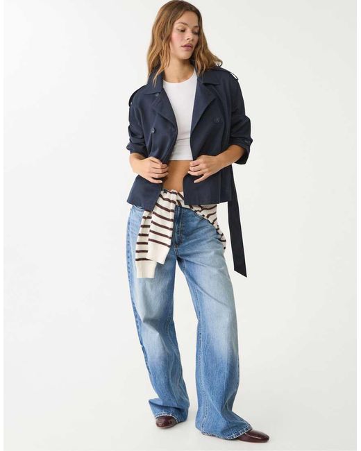 Stradivarius Blue Cropped Trench Coat With Belt