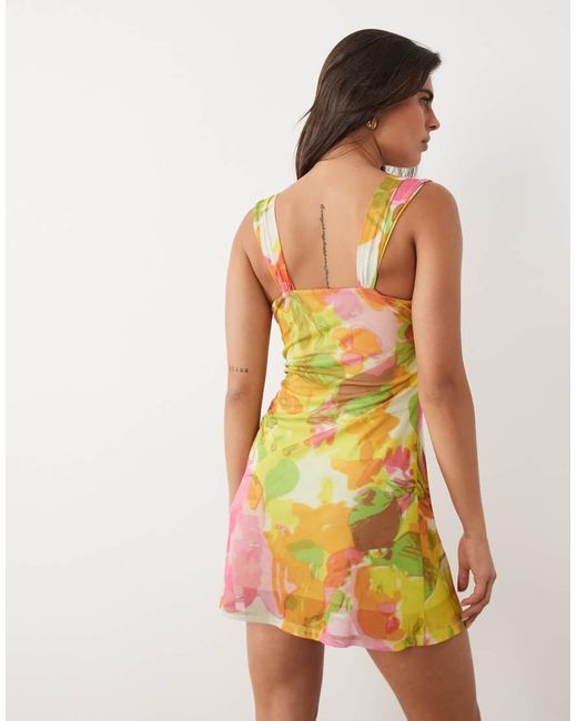 ASOS Multicolor Mesh Square Neck Mini Dress With Soft Cowl And Tie Detail