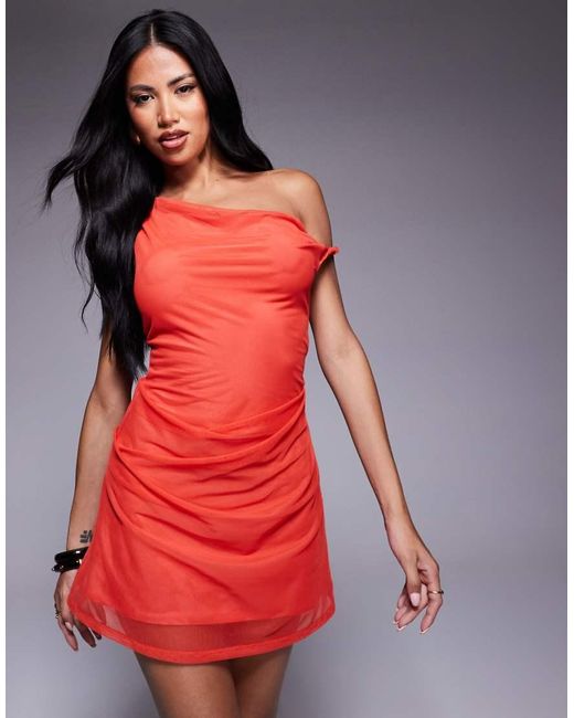 ASOS Red Mesh Twisted Shoulder Mini Dress With Softline Skirt