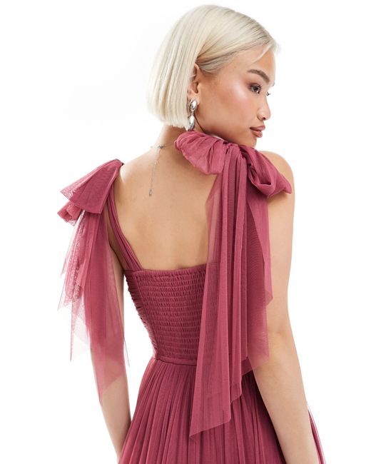 LACE & BEADS Women's Bridesmaid Bow Shoulder Tiered Maxi Dress