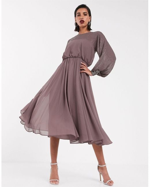 ASOS Brown Midi Dress With Linear Yoke Embellishment