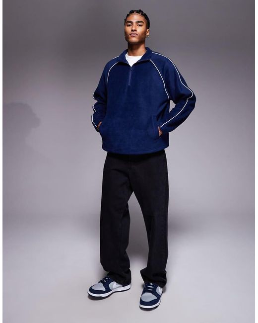 ASOS Blue Relaxed Funnel Neck Fleece Sweatshirt With Piping for men