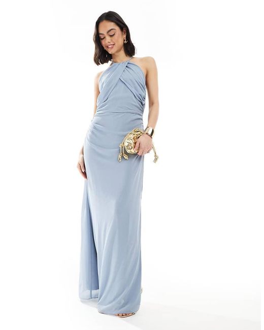 TFNC London Blue Bridesmaid Cross Front Maxi Dress With Cowl Back
