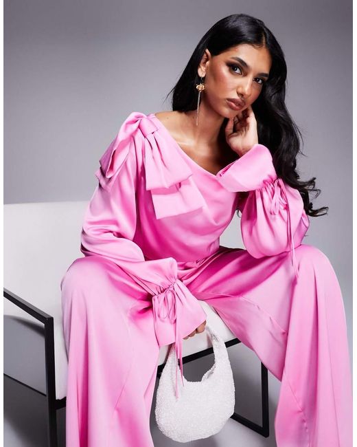 ASOS Pink Satin Off Shoulder Wide Leg Jumpsuit With Bow