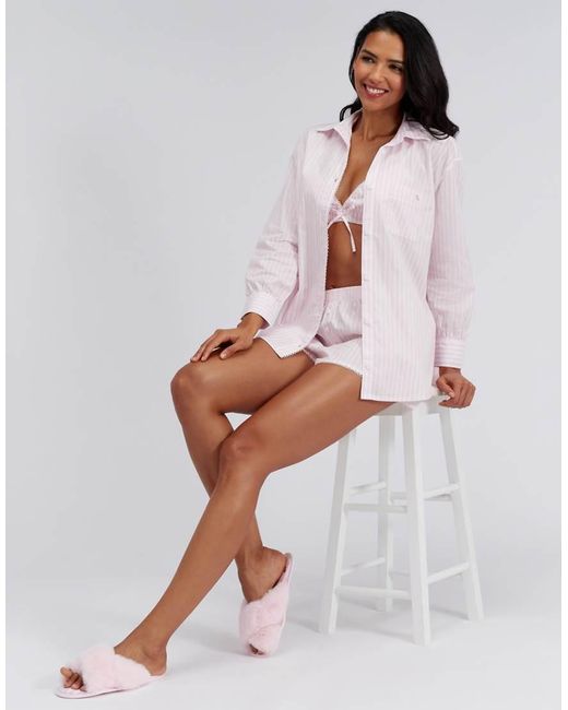 Boux Avenue White Striped Cotton Short Pyjama Set With Bralette