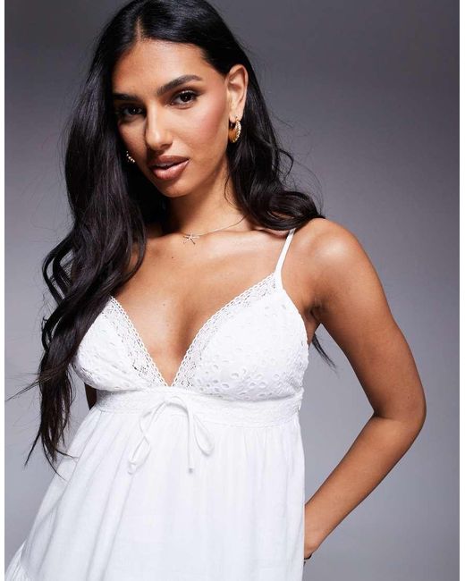 Princess Polly White Nicoletta Linen Blend Lace Trim Babydoll Tiered Mini Dress