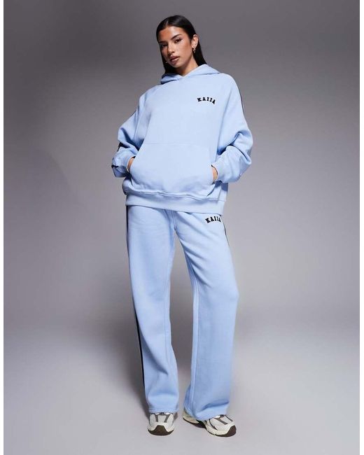 Kaiia Blue Cotton Rich Embroidered Logo Contrast Stripe Detail Oversized Hoodie