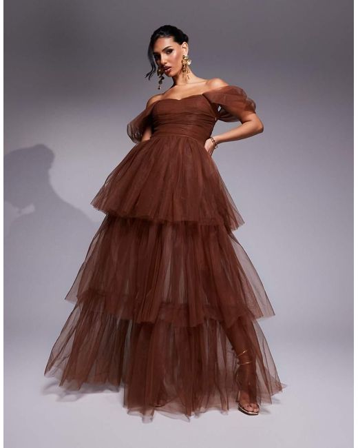 LACE & BEADS Brown Off Shoulder High Low Tulle Maxi Dress