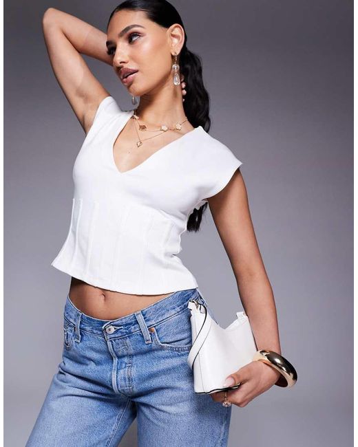 ASOS Top Van Ponté Met Ingenomen, Geplooide Taille En Laag Uitgesneden Hals in het White