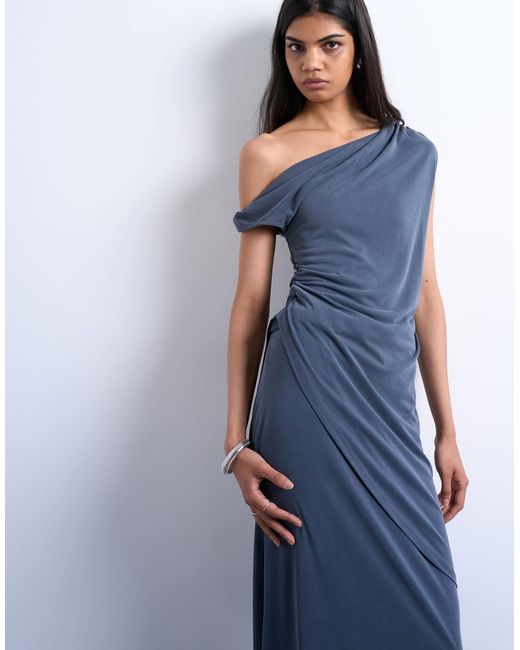 TOPSHOP Blue Cupro Twist Detail Bardot Asymmetric Tunic Top