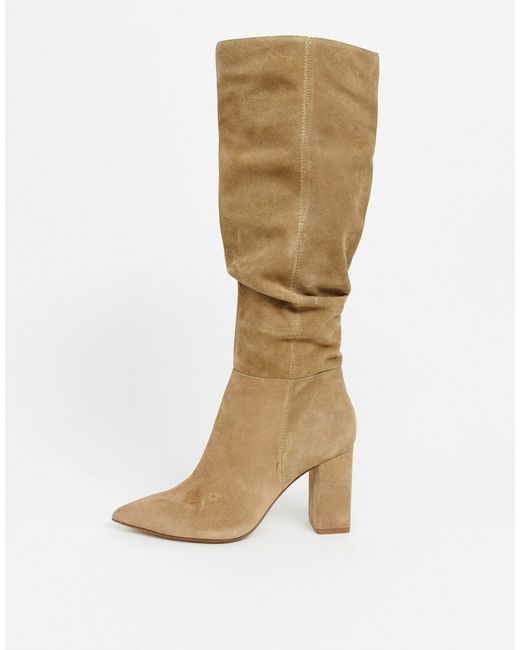 Bershka Faux Suede Slouch Knee High Boots in Beige (Natural) - Lyst