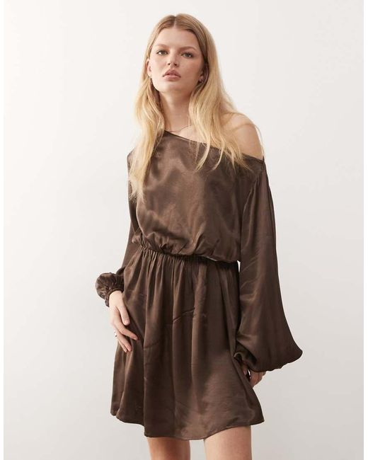 Reclaimed Vintage Natural Off The Shoulder Balloon Sleeve Satin Asymmetric Dress