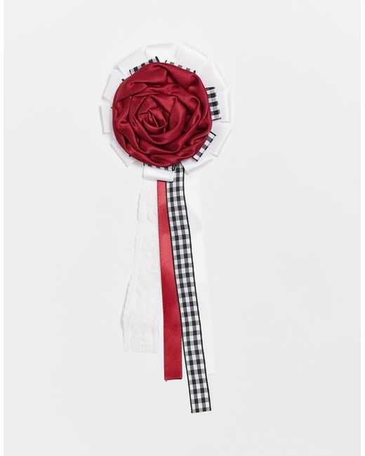 Reclaimed Vintage Red Rosette Brooch Badge With Lace