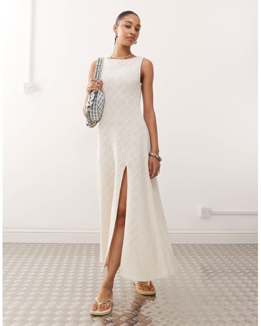 Robe longue sans manches à encolure bateau en jersey texturé et dentelle - crème Reclaimed (vintage) en coloris Natural