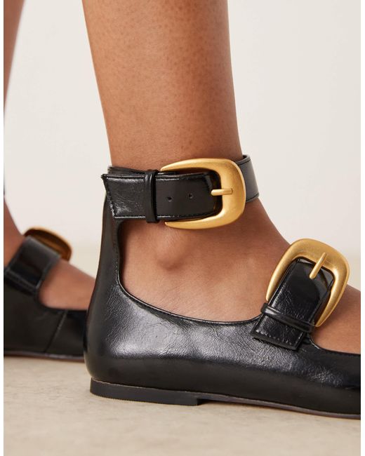 ASOS Lorna Oversized Buckle Mary Jane Ballet Flats in Natural | Lyst
