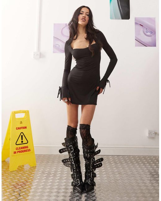 Princess Polly White Double Layered Slinky Square Neck Bow Tie Sleeve Detail Mini Dress