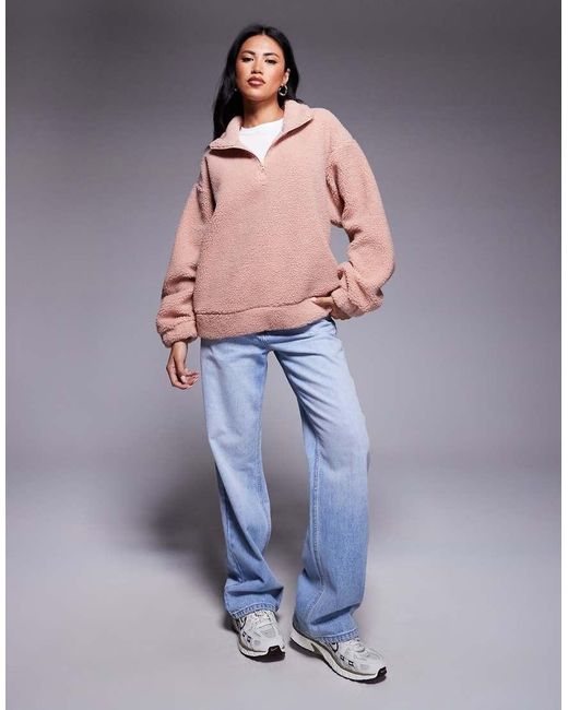 ASOS Pink Weekend Collective Borg Zip Through Fleece With Burnout Graphic