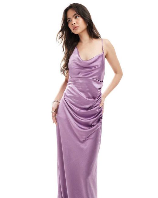 Six Stories Purple Bridesmaid Asymmetric Cowl Front Satin Maxi Dress