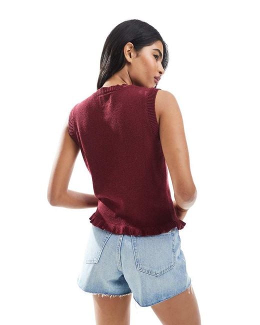 ASOS Red Knitted Tank Top With Irregular Placket And Ruffle Edge