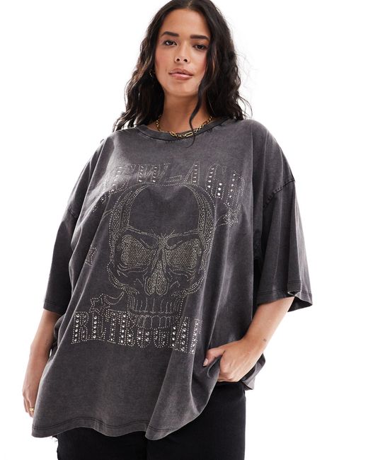 Asos design curve - t-shirt oversize avec imprimé crâne rock à strass thermocollés - anthracite délavé ASOS en coloris Black