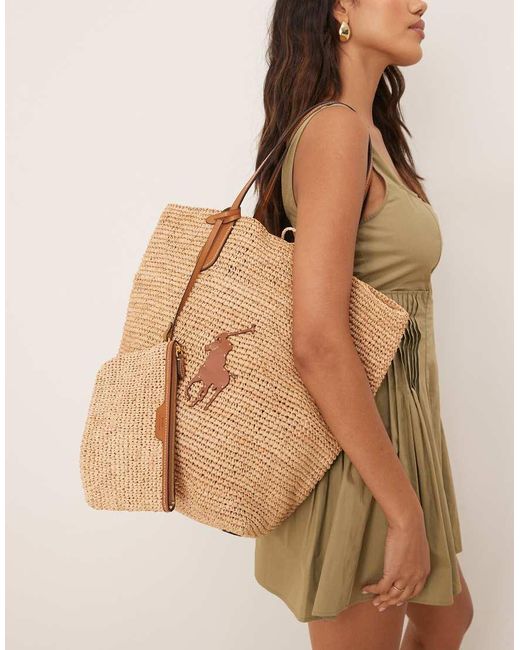 Polo Ralph Lauren Brown Raffia Tote Bag With Contrast Pony Player Logo