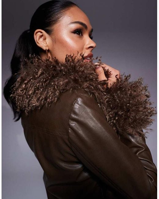 Princess Polly Gray Cupid shaggy Faux Fur Trim Leather Look Jacket