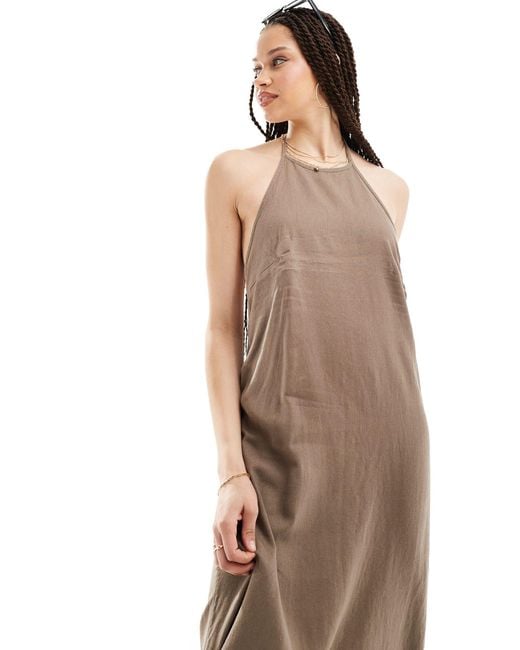 ONLY Natural Linen Mix Halter Neck Midi Dress