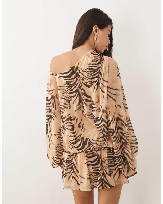 ASOS Brown Printed Stretch Chiffon Slouchy Mini Dress With Extreme Blouson Sleeve