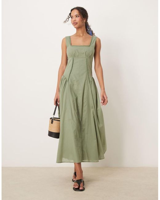 Vestito Con Gonna Al Polpaccio Rustico Kaki Con Vita Scesa E Scollo Squadrato di ASOS in Green